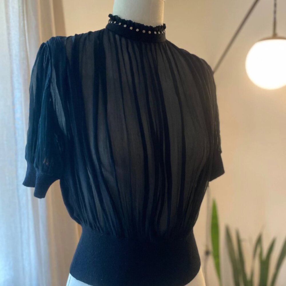 Stunning Victorian inspired 1950's sheer mock neck sweater w/ inset Rhinestones